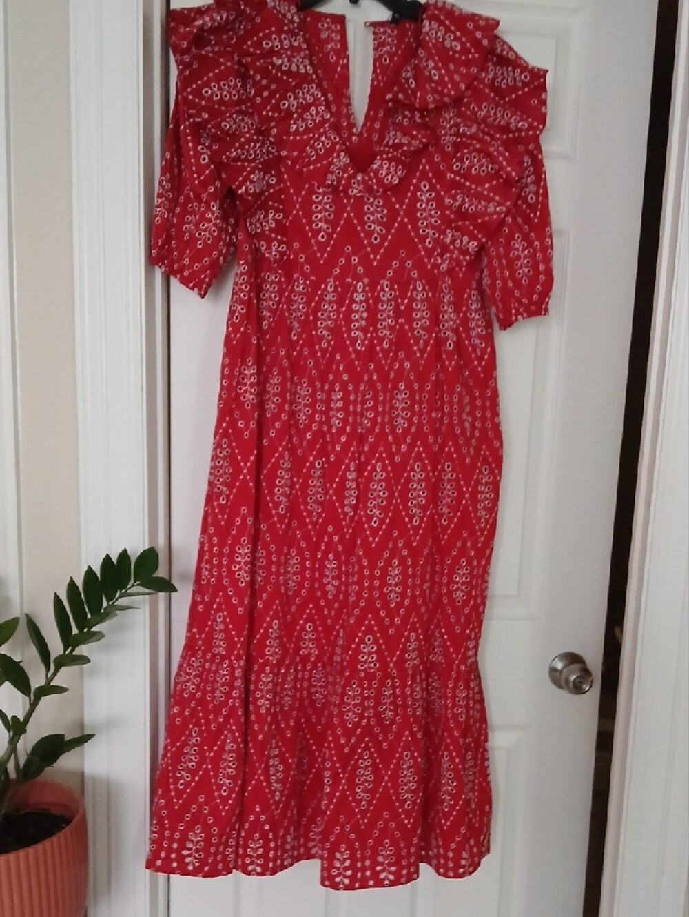 Zara Red Midi Dress with Ruffle V-Neck - Picture 3 of 8